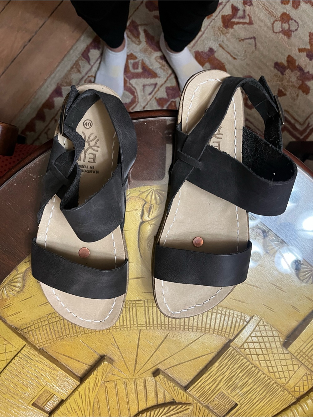 Black Leather-Strap Women's Sandals with Ankle Buckle
